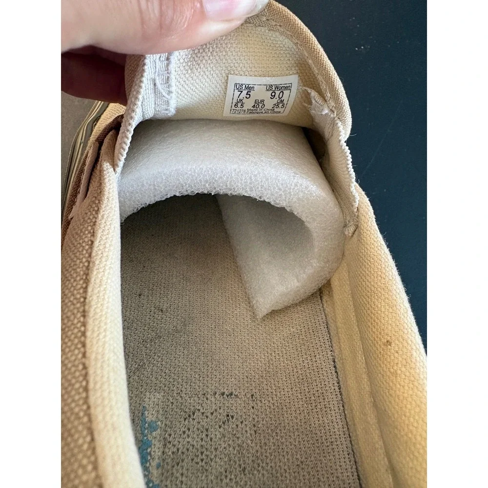 Vans Slip-On VSK66 Tan Khaki Canvas Sneakers Olive Green Sole Mens 7.5 Womens 9
